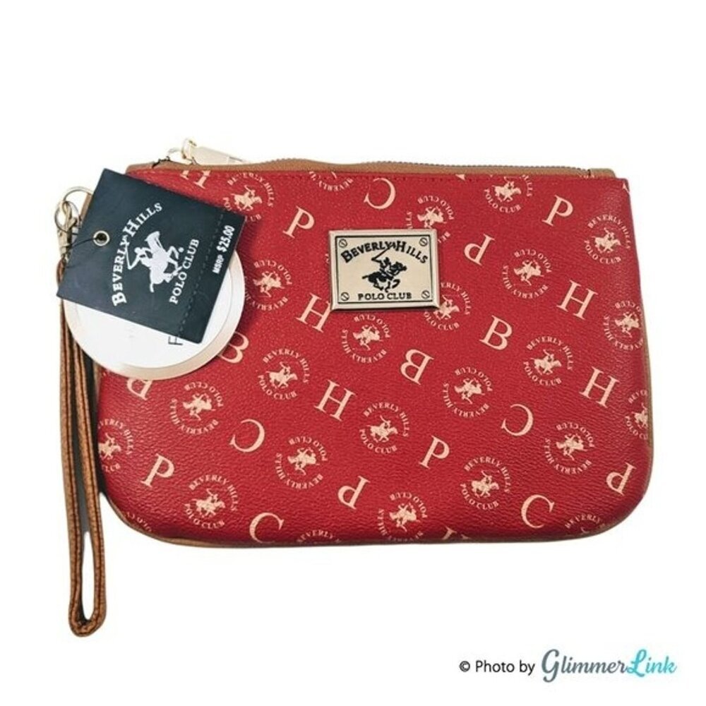 NWT Beverly Hills Polo Club Red Logo Print Clutch Wristlet Pouch